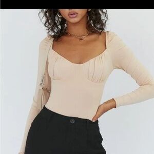 Princess Polly Mona Bustier Bust Long Sleeve Bodysuit in Neutral Beige Size 2 Pr